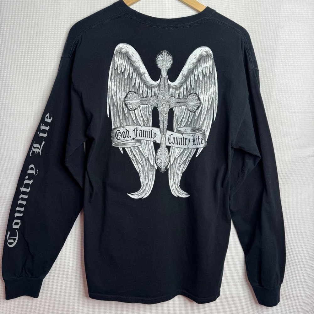Country Life Angel Wings Cross Graphic Tee Long Sleeve Black Mens Biker Large